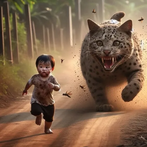 little boy running away from giant scary leopard monster