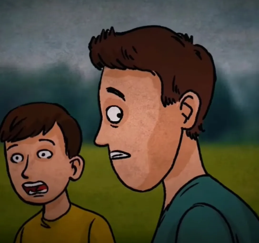 a cartoon of 2boy running in fear