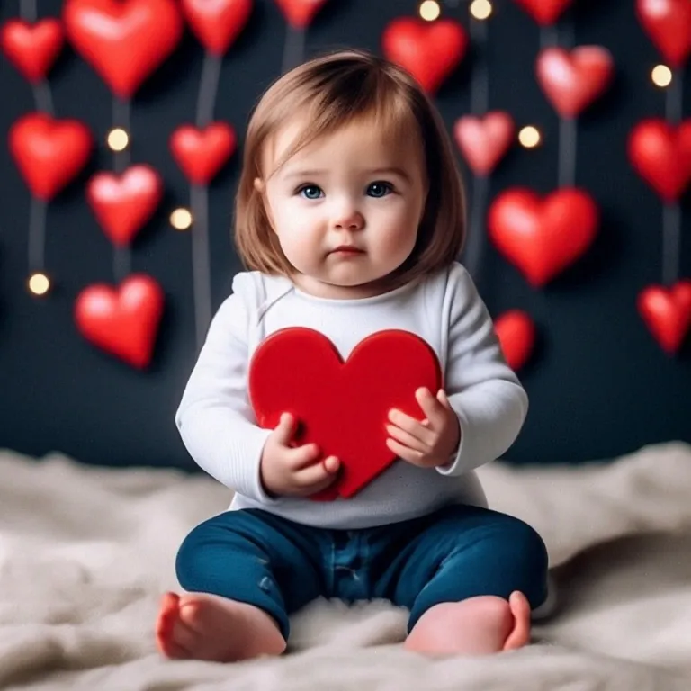 a little girl sitting on a bed holding a heart