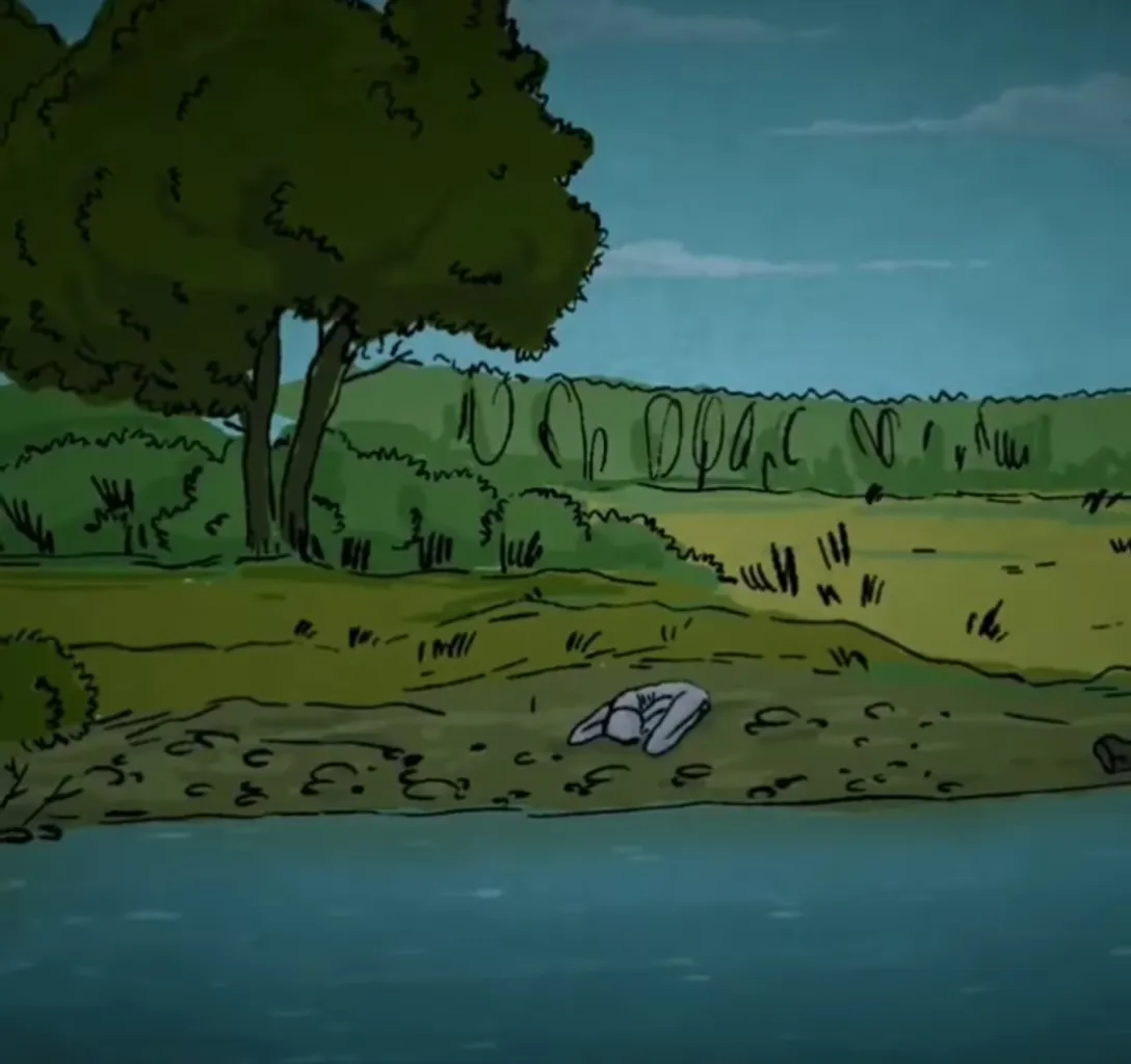 a cartoon scene of a river with trees and white creature laying