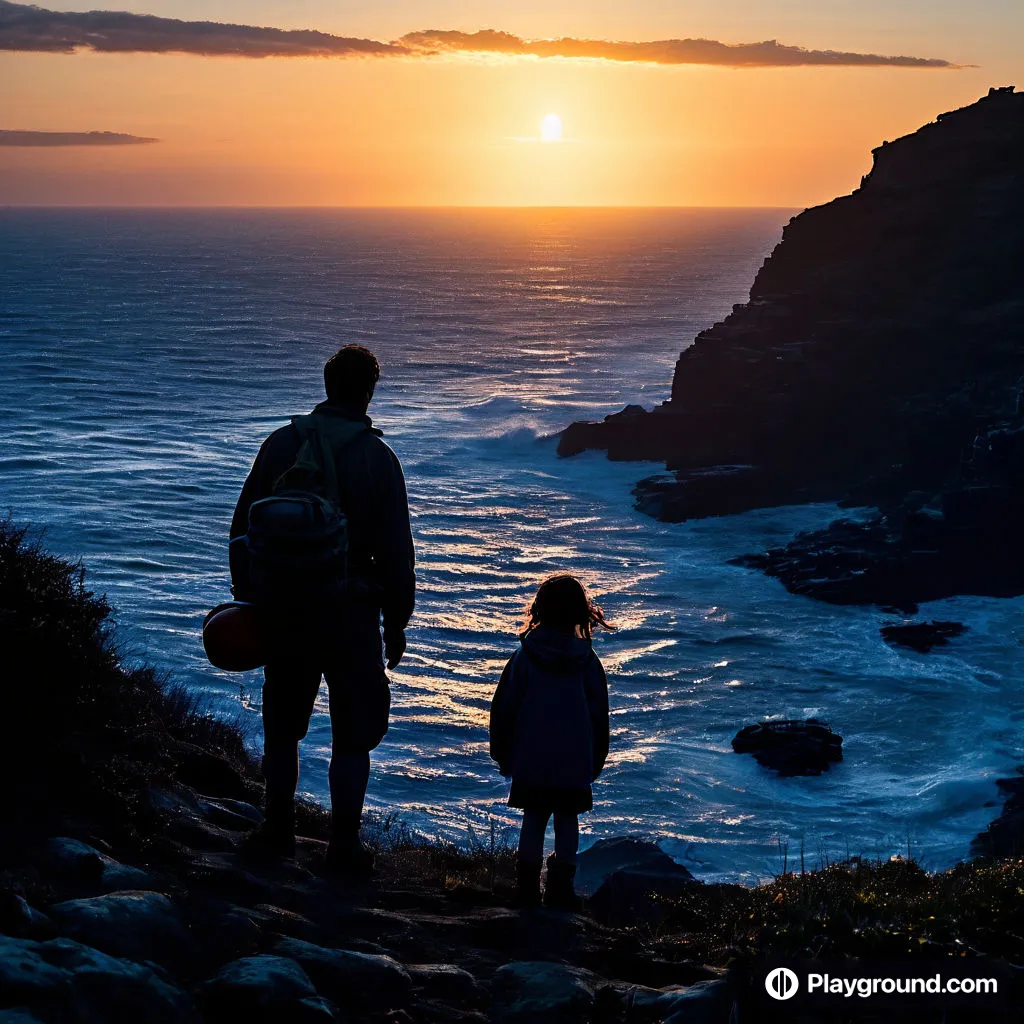 a man and a little girl standing on top of a cliff