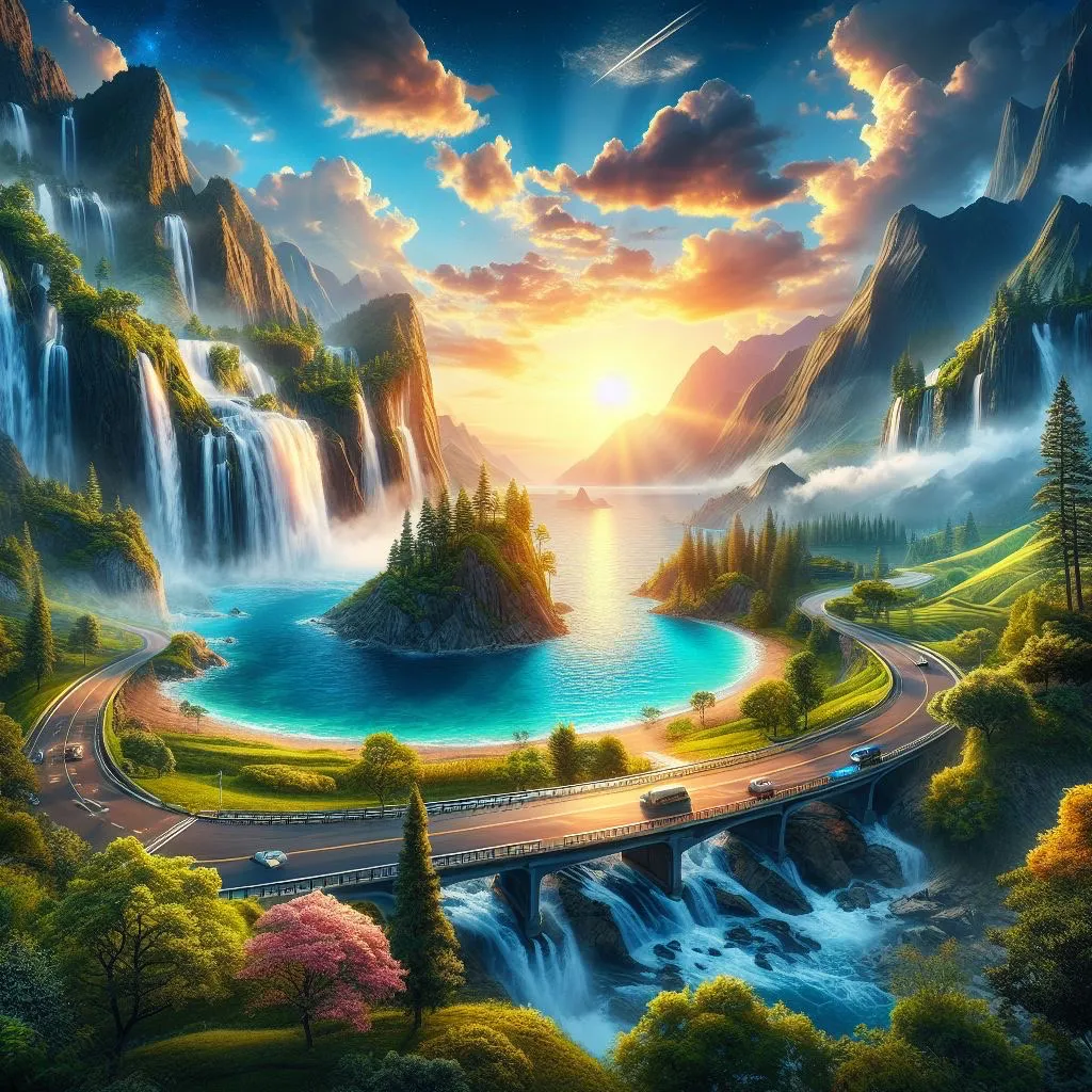 a painting of a waterfall and a road