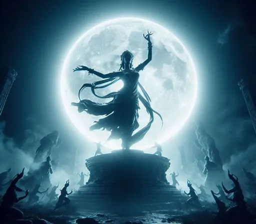 a woman standing on top of a statue in front of a full moon