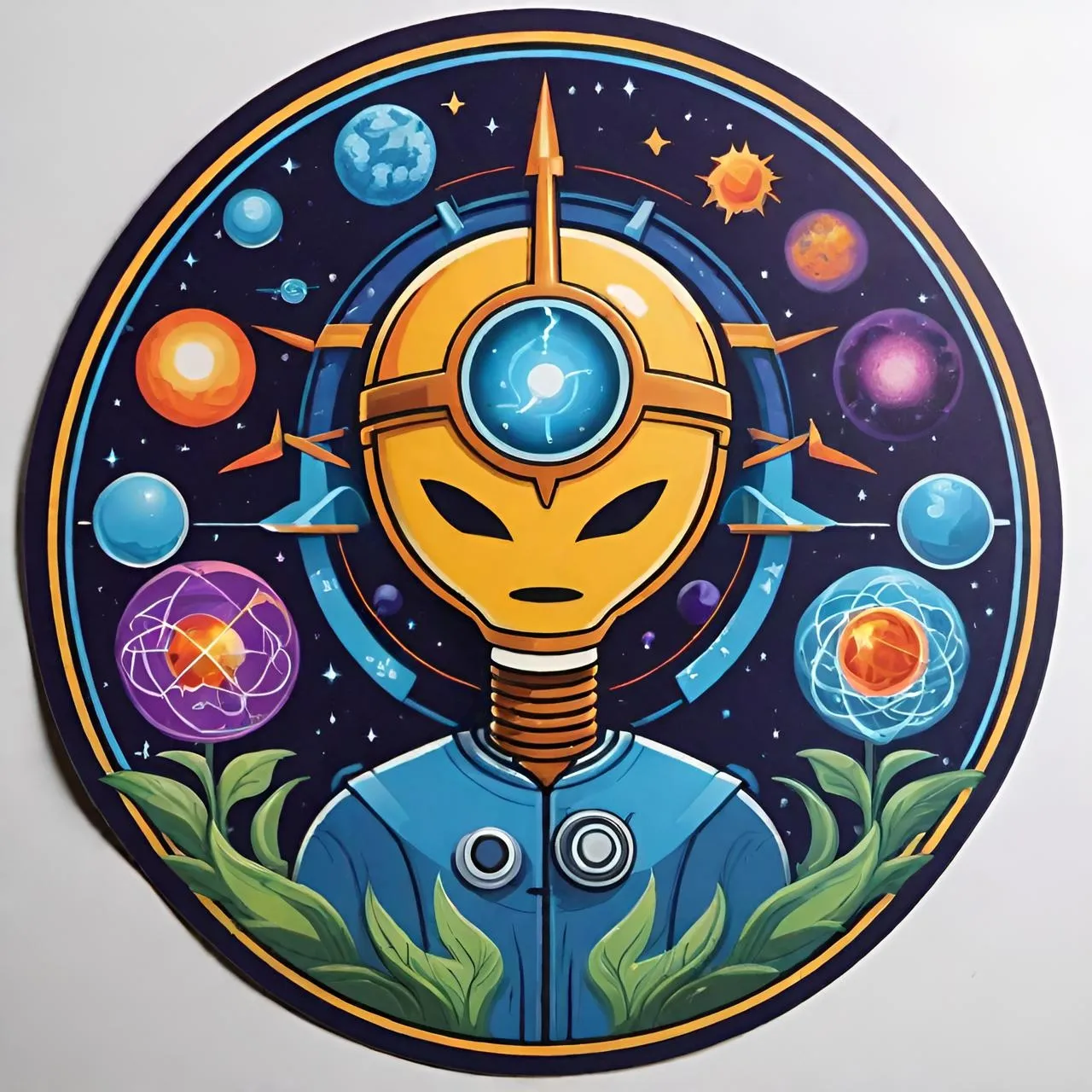 a painting of a yellow alien head surrounded by planets