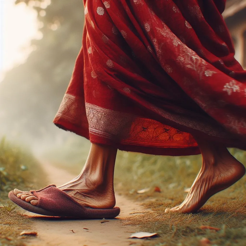 a woman in a red sari walking down a dirt road