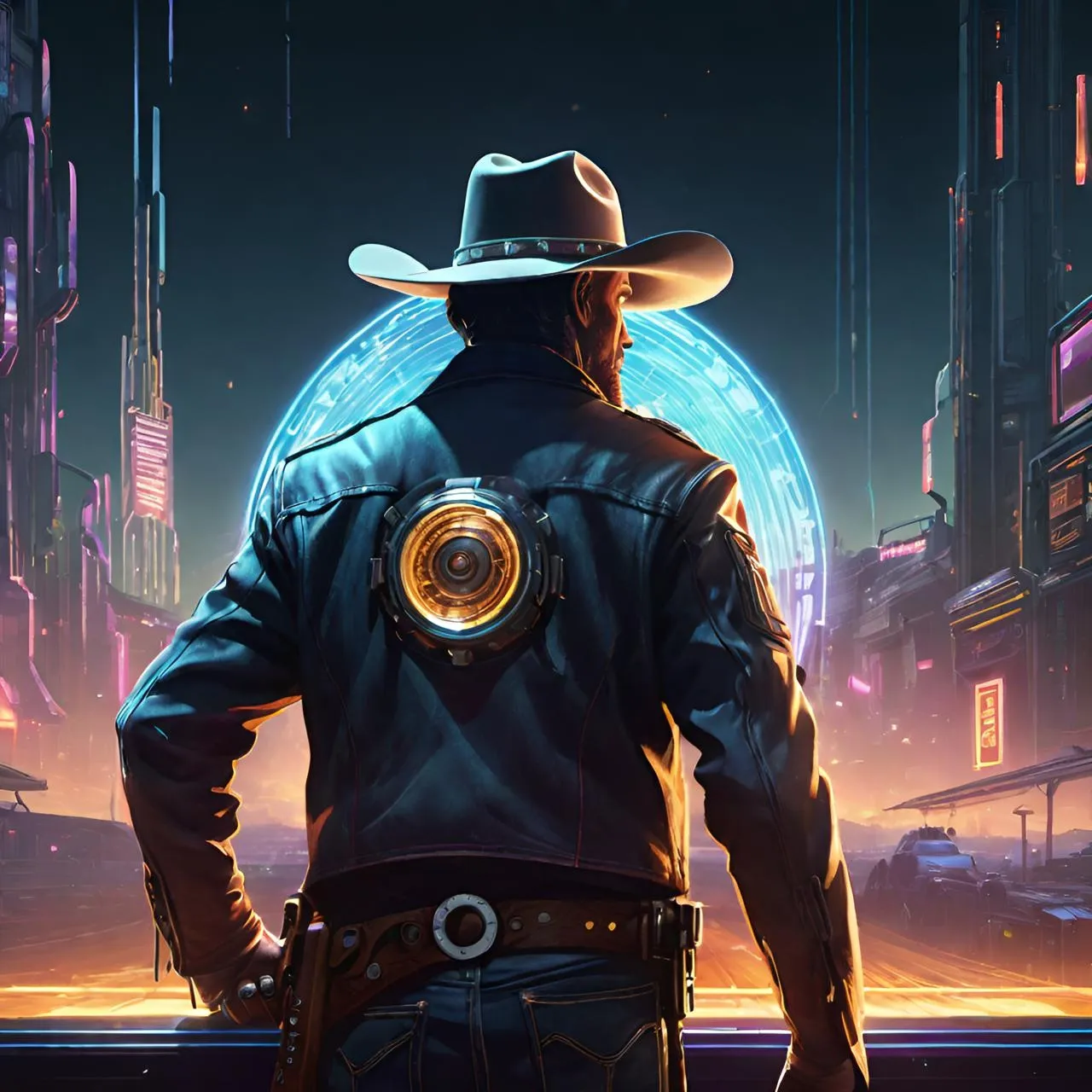 a man in a cowboy hat standing in front of a city