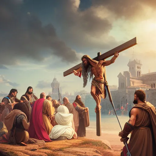 a painting of jesus on the cross surrounded by people