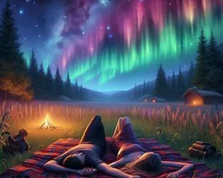 a painting of a person laying on a blanket under the aurora bore