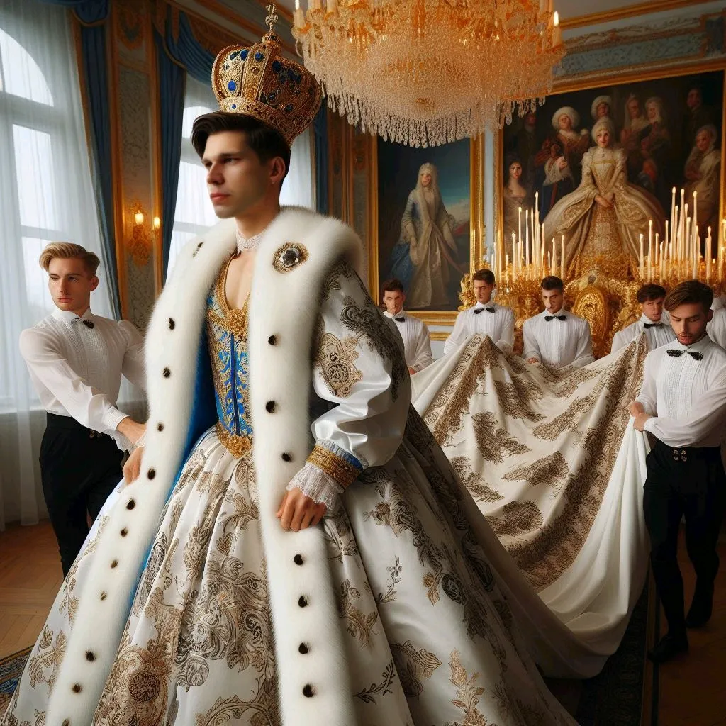 a man in a white and gold dress with a crown on his head