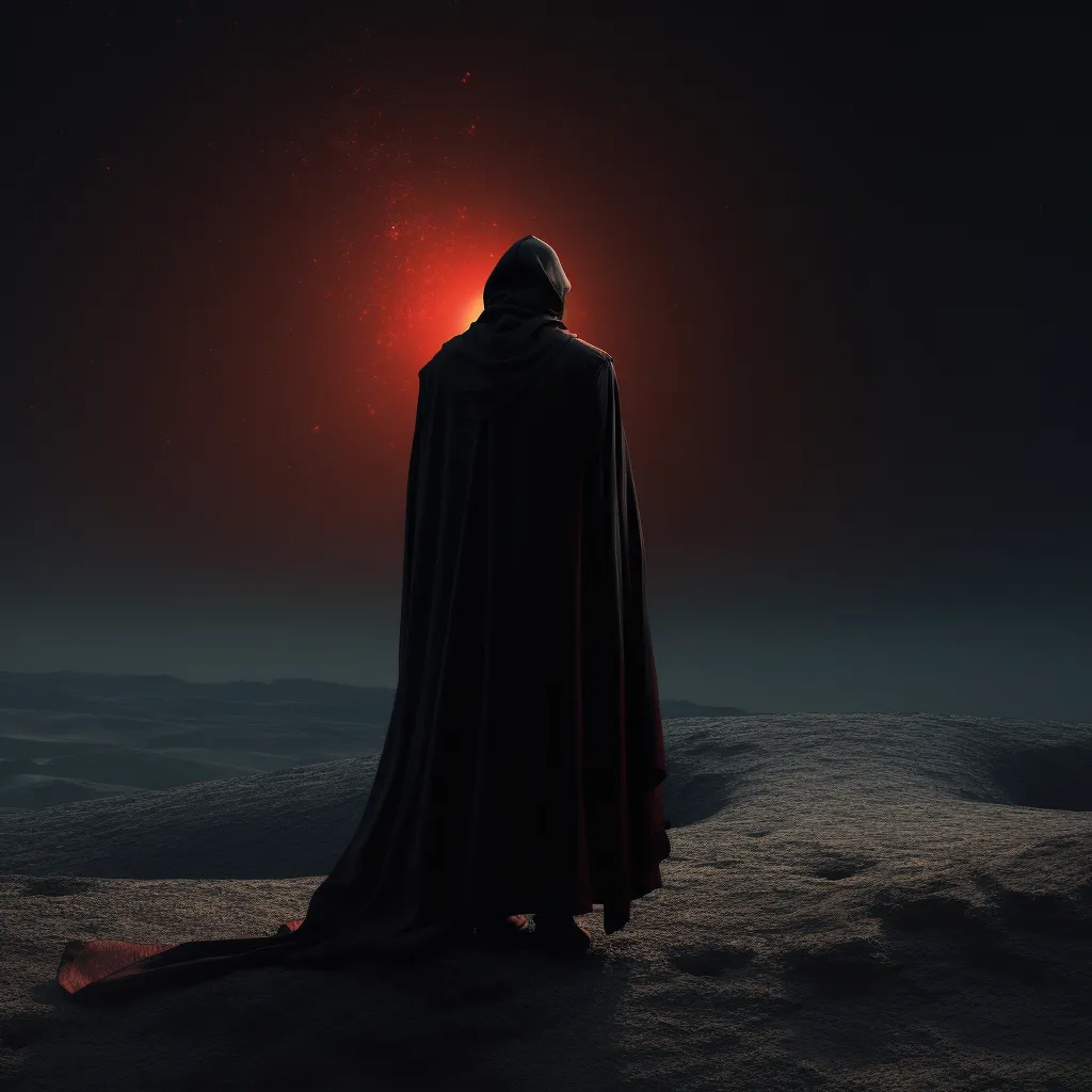 a man in a cape standing in the desert. When he turns his one eye glows red.