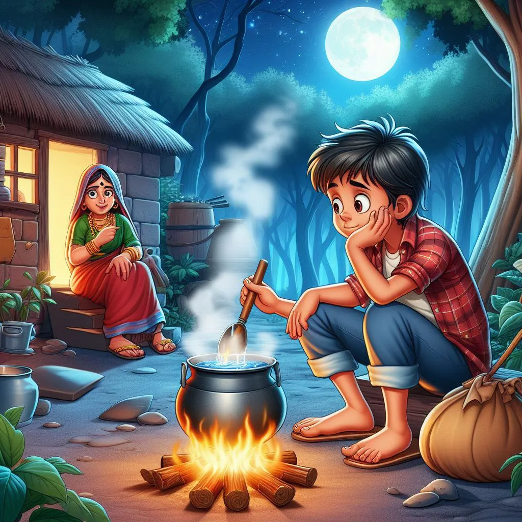 a boy sitting in front of a fire wood stove and woman sitting in the step of hut