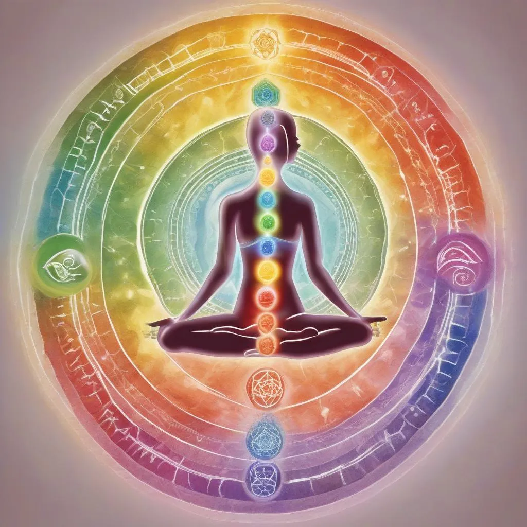 a person sitting in a lotus position with seven chakras