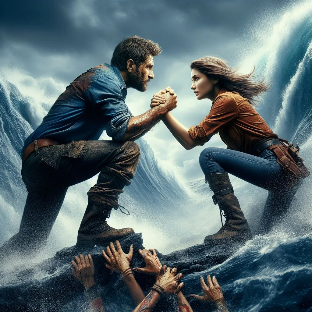 images of a man and a woman facing a challenge or danger together, demonstrating the strength of their bond and their determination to remain united.