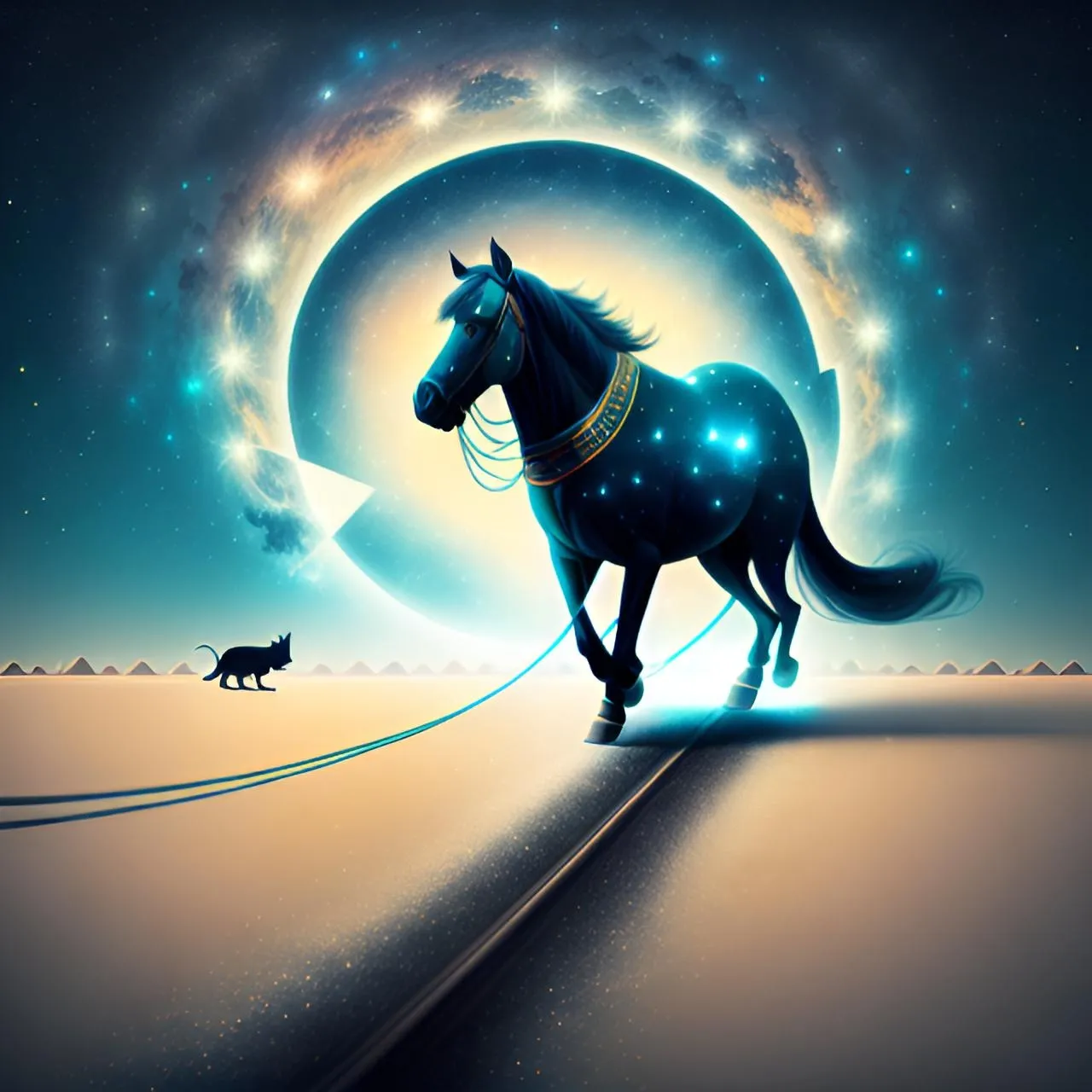 a painting of a horse pulling a cat on a leash