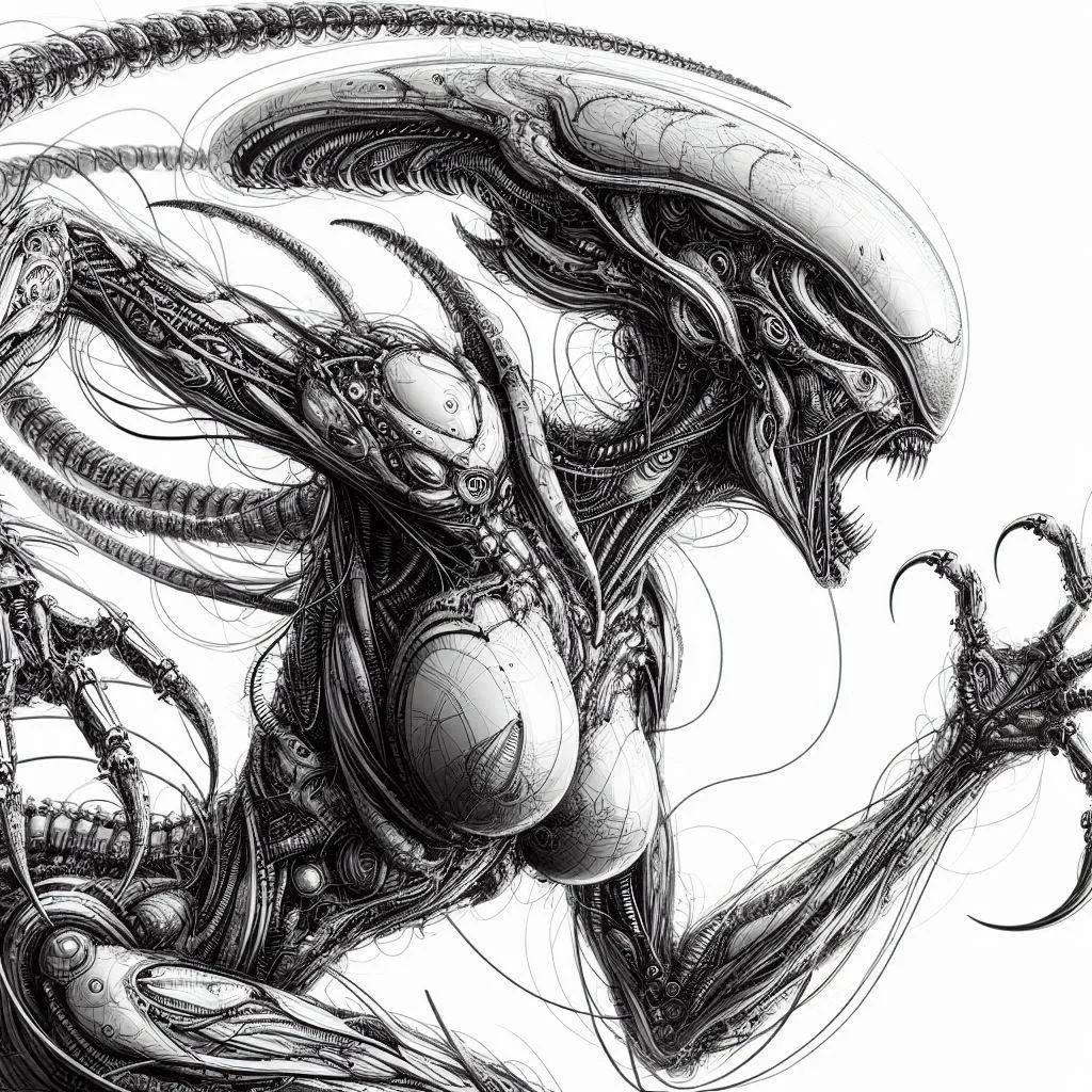 a black and white drawing of an alien creature walking