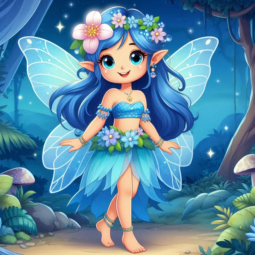  a beautiful fairy with blue hair wearing blue lehehenga smiling ,flower  on the head in the jungle at night   standng barefoot D animation cartoon zoom out 