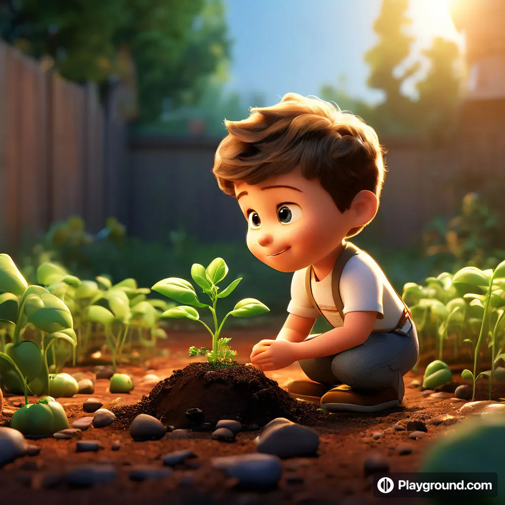 a little boy kneeling down to plant a plant