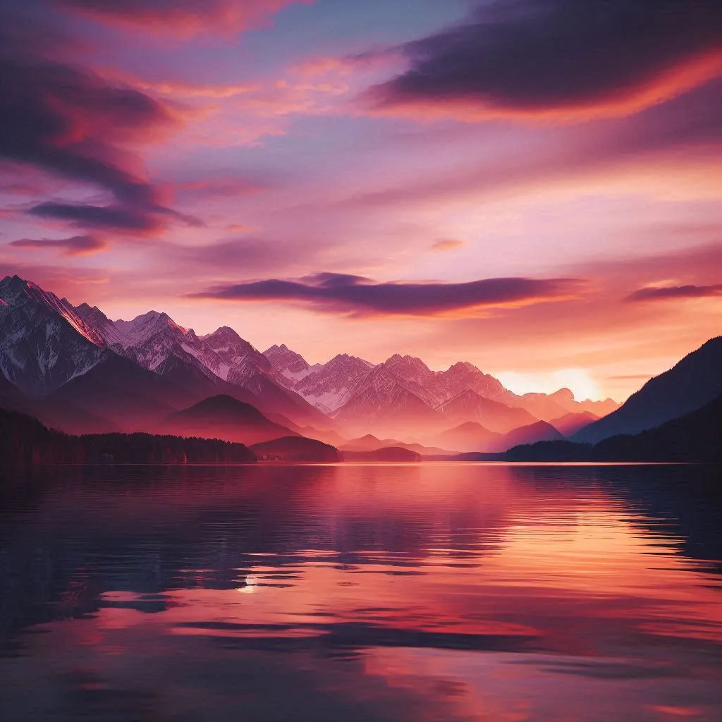 a beautiful sunset over a lake with mountains in the background