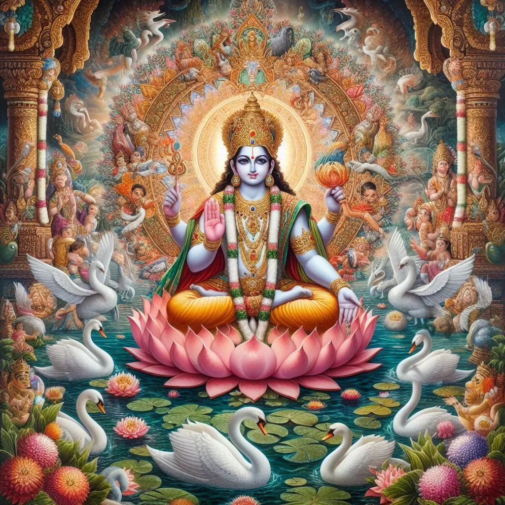 Lord brahma sitting on top of a lotus, in his celestial abode, swans are moving, filled with divine lights