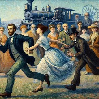 a painting of a couple dancing in front of a crowd of people estilo impresionista 