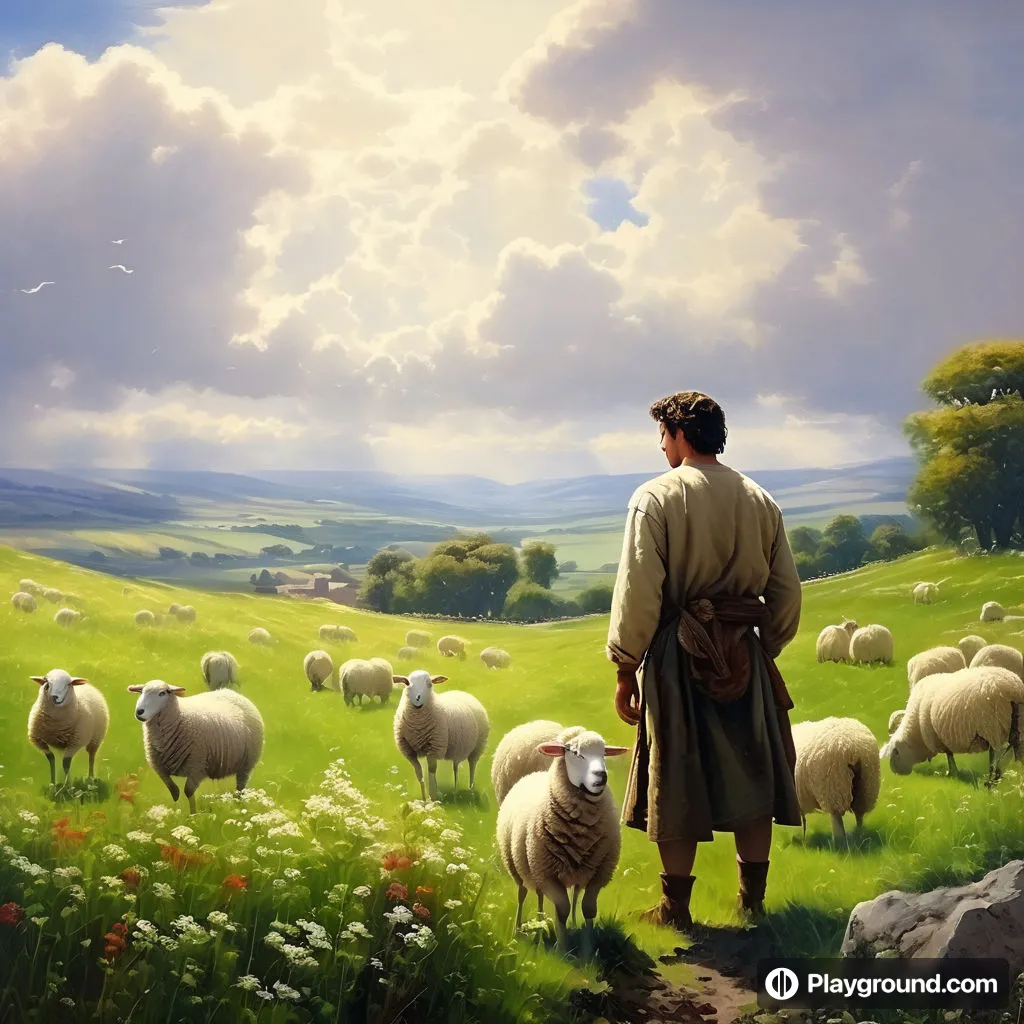 a painting of a man standing in a field with sheep