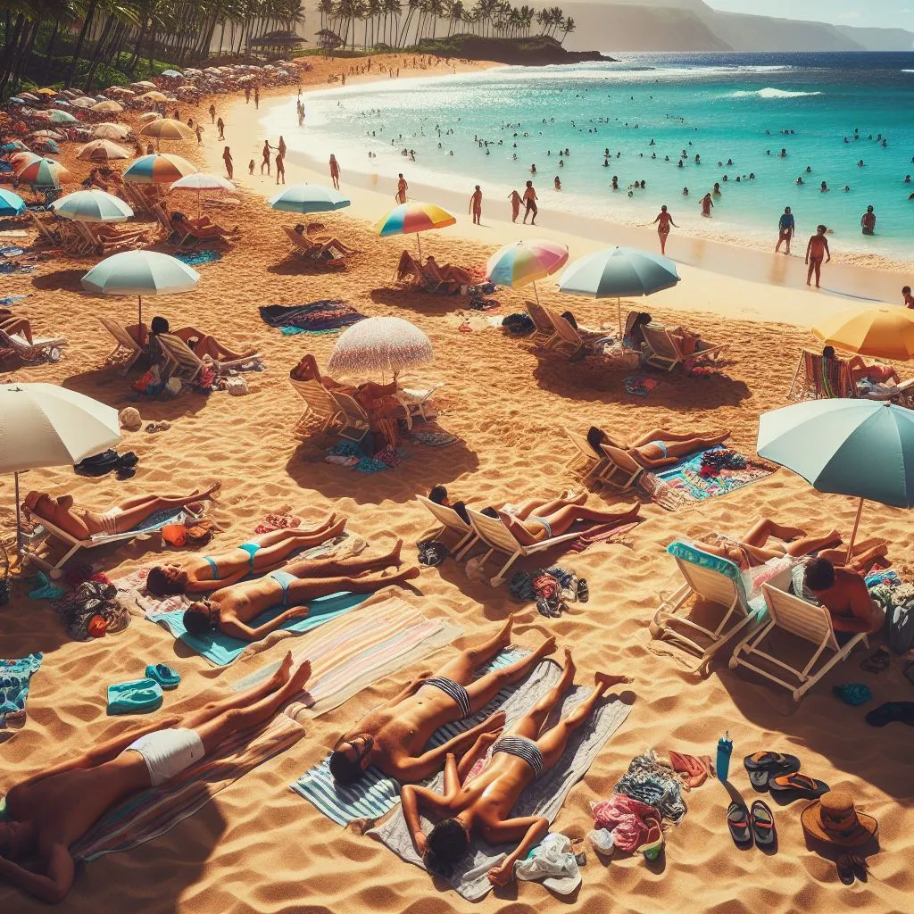 People lying on the sand sunbathing on the Hawaiian beach