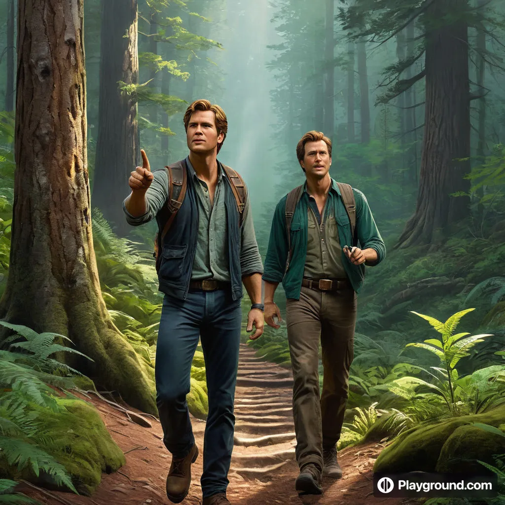 a couple of men walking through a forest