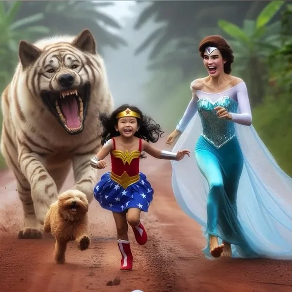 a little wonder-woman   running away from huge tiger