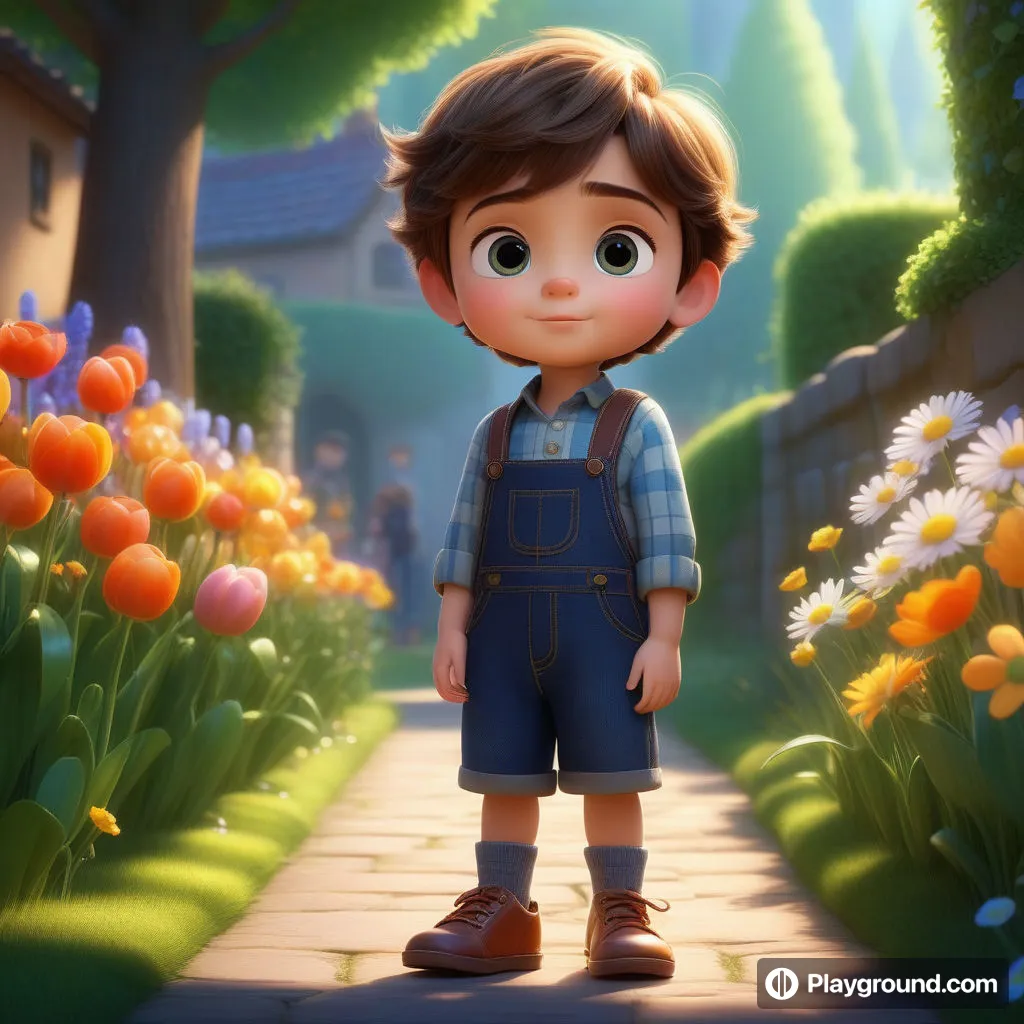 a little boy standing in front of a flower garden