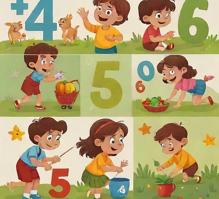 a series of illustrations of a boy and a girl playing with numbers