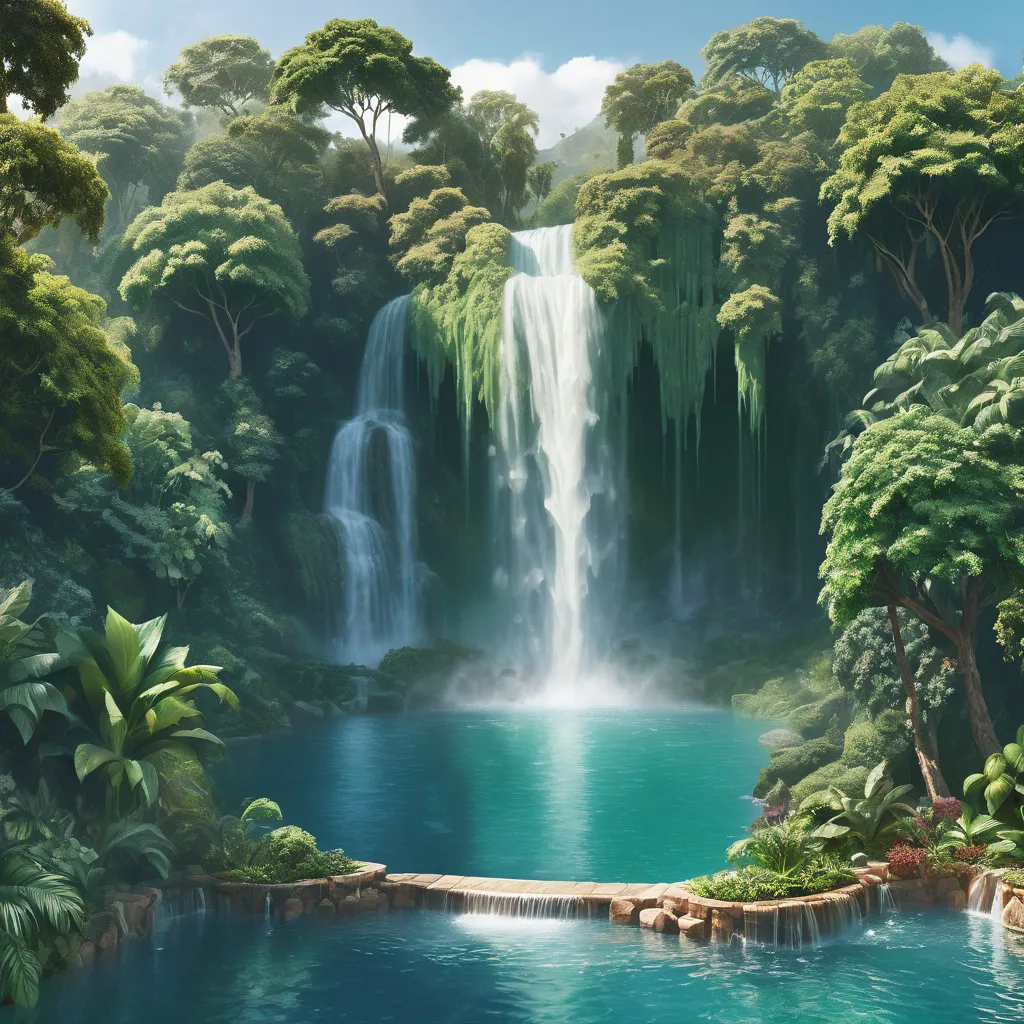 a painting of a waterfall in the middle of a forest