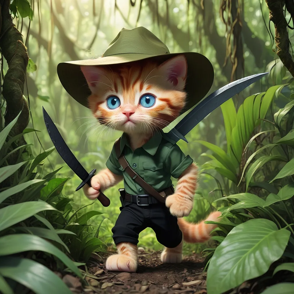 a cat in a hat with a sword in a jungle going