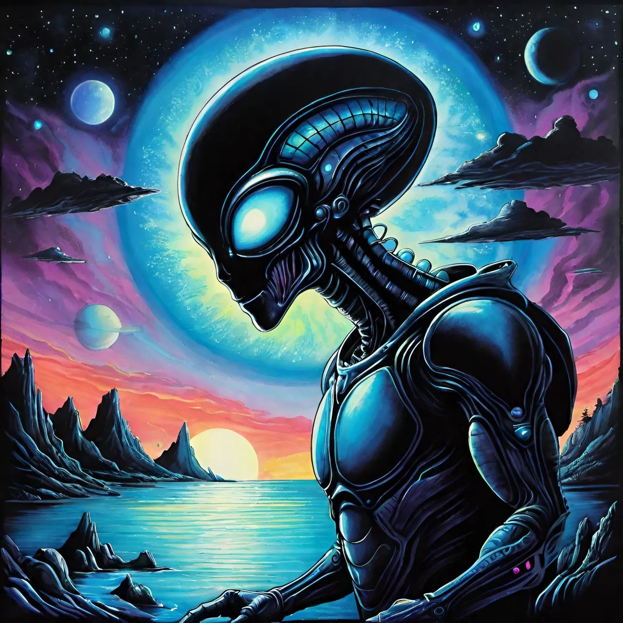 a painting of an alien sitting on a rock