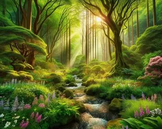 a painting of a forest with a stream running through it