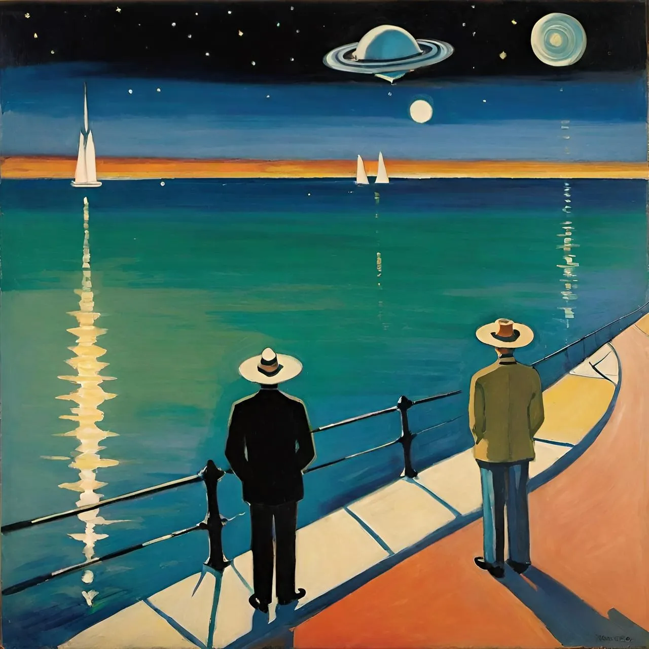 a painting of two men looking out at the ocean