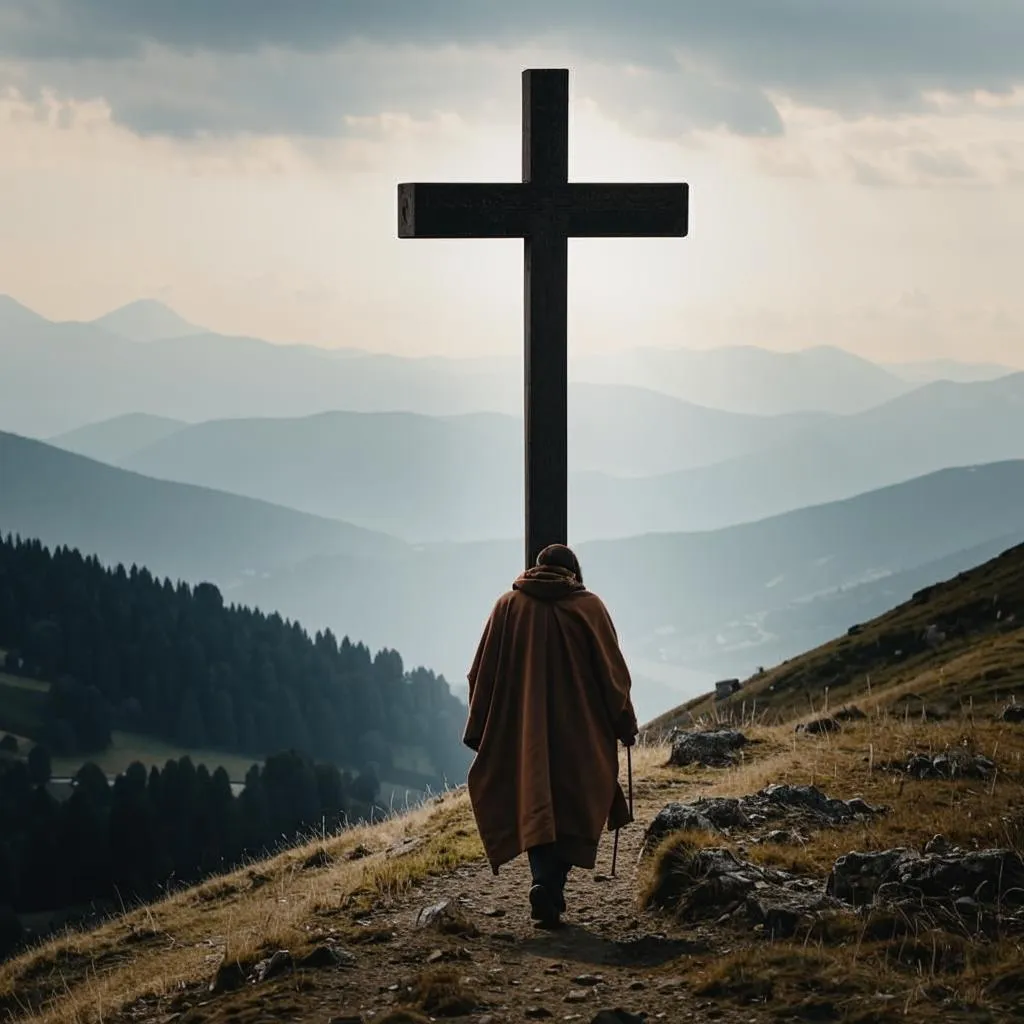 a person walking up a hill towards a cross