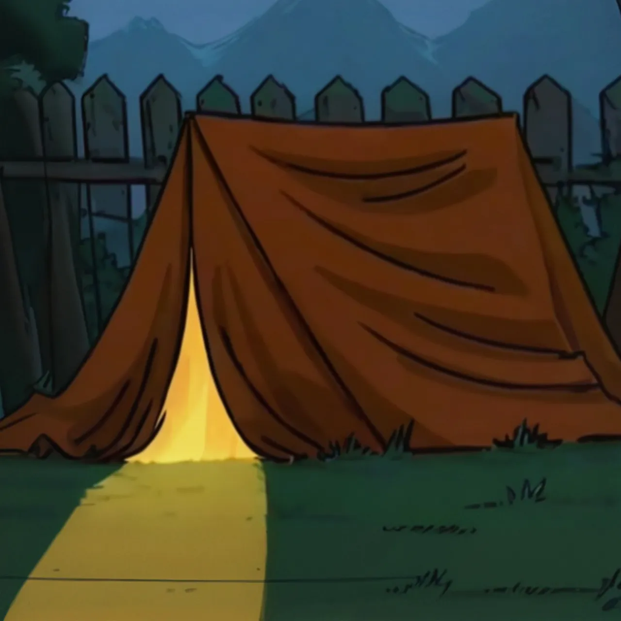 a cartoon picture. Lights out from a tent