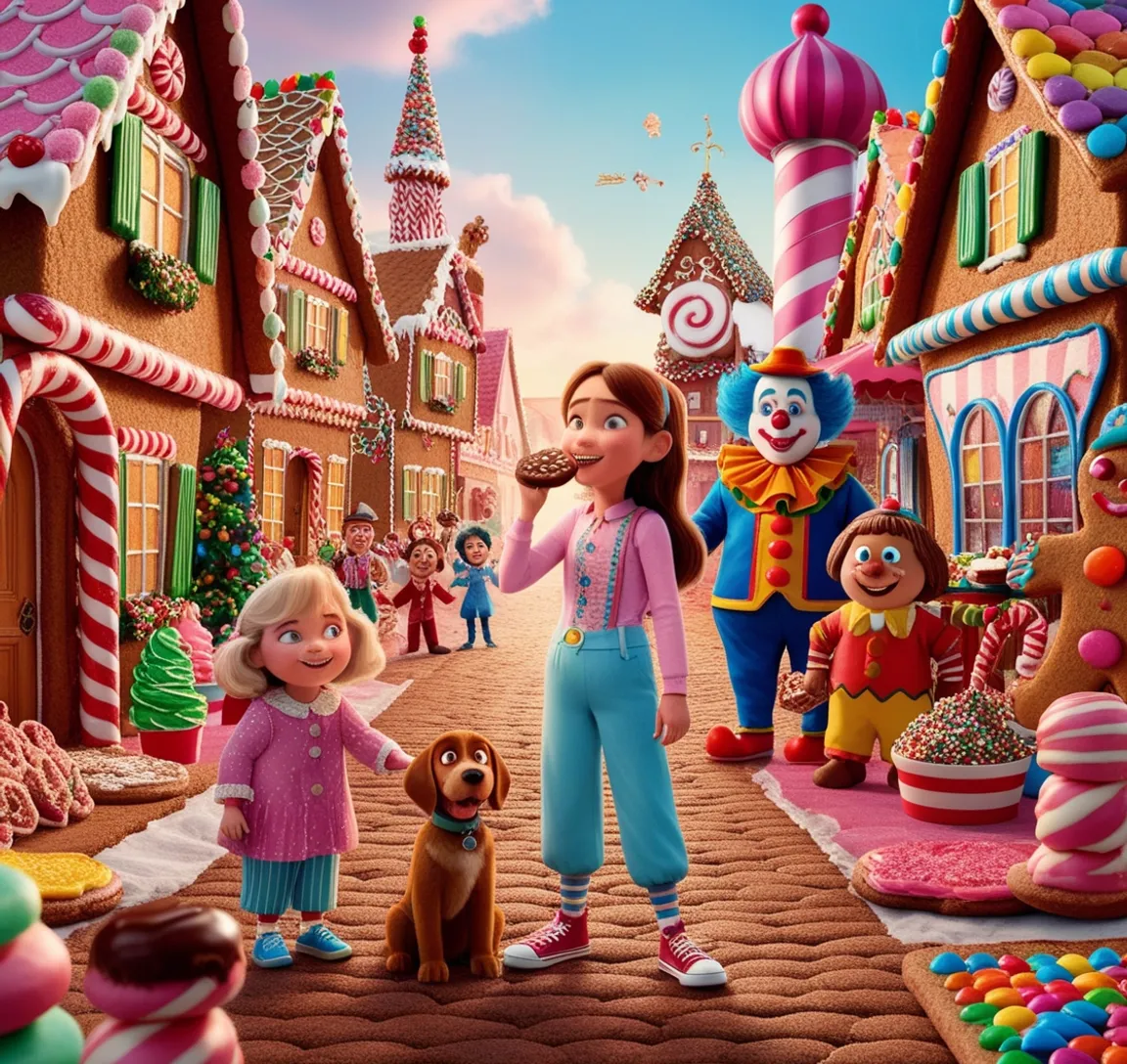 a girl and a boy are standing in front of a candy land