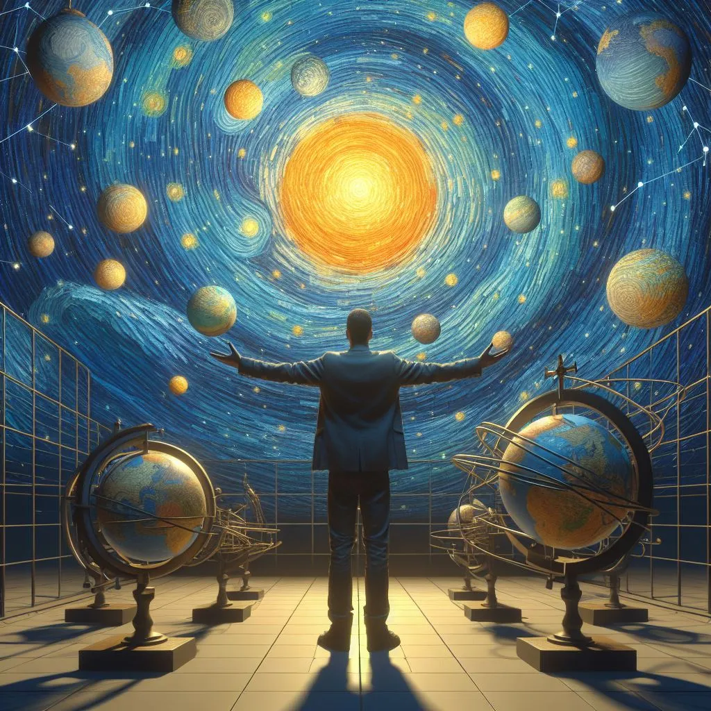 a man standing in front of a painting of planets