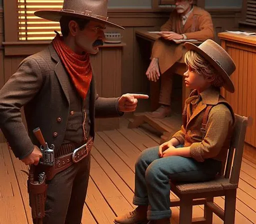 a man in a cowboy outfit talking to a little boy