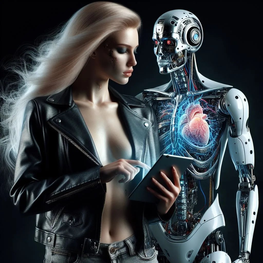 a woman holding a tablet next to a robot