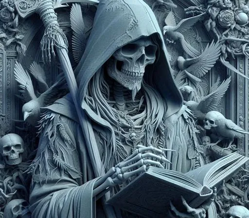 a statue of a skeleton holding a book