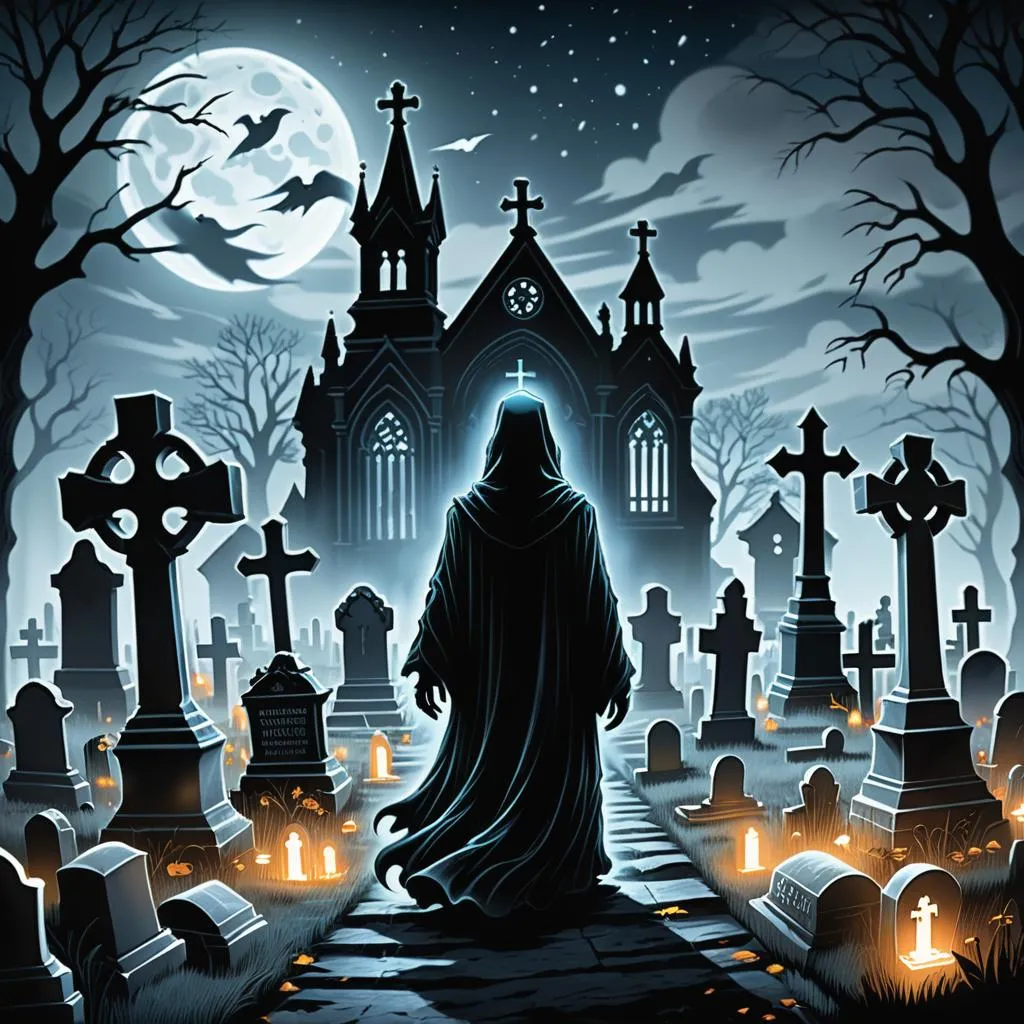 a graveyard scene with a person dressed as a ghost