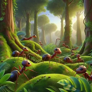 a painting of a group of ants in a forest