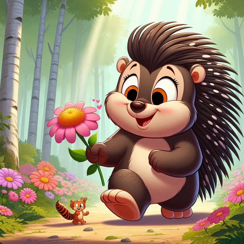 a cartoon hedge holding a flower in a forest