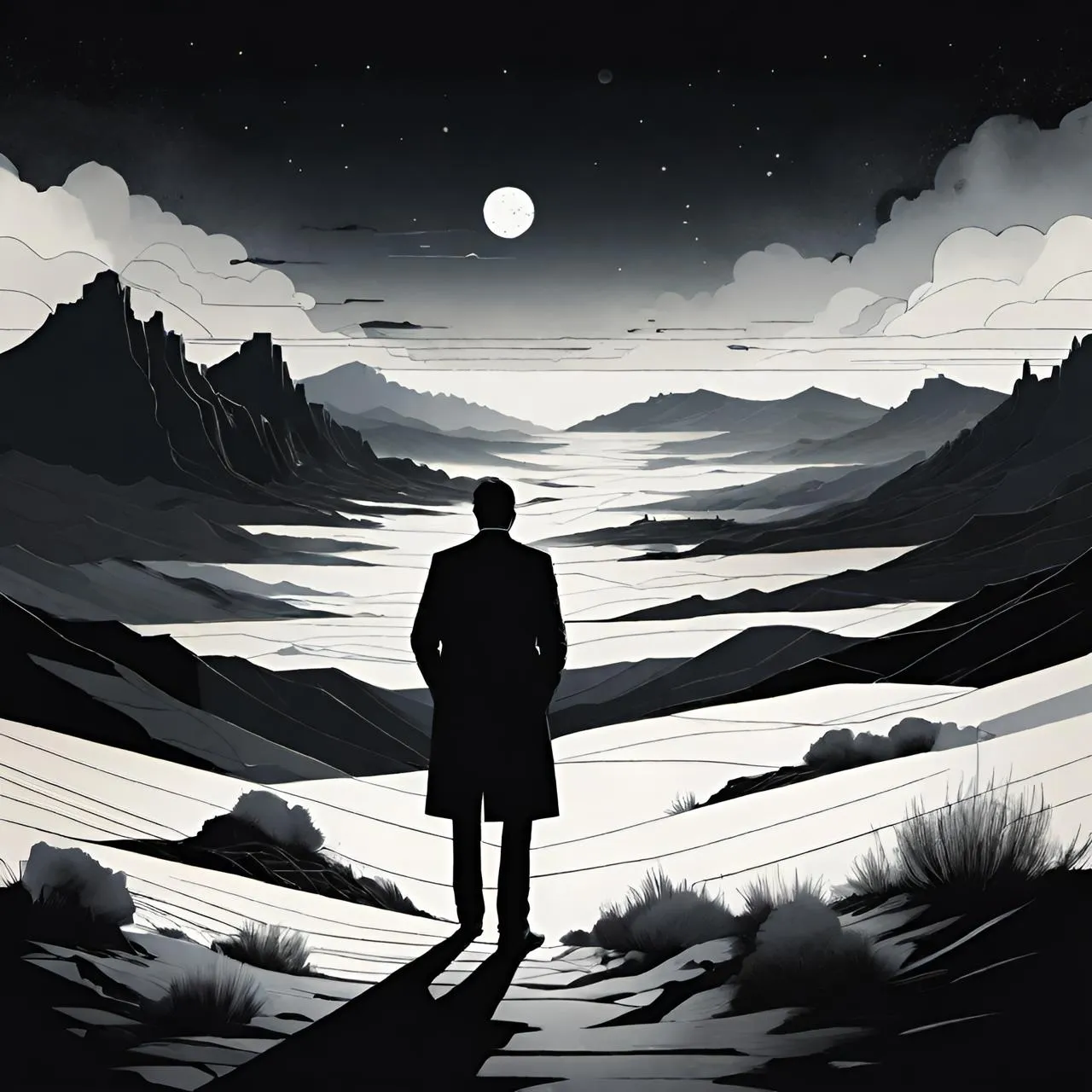 a man standing in the middle of a desert under a full moon