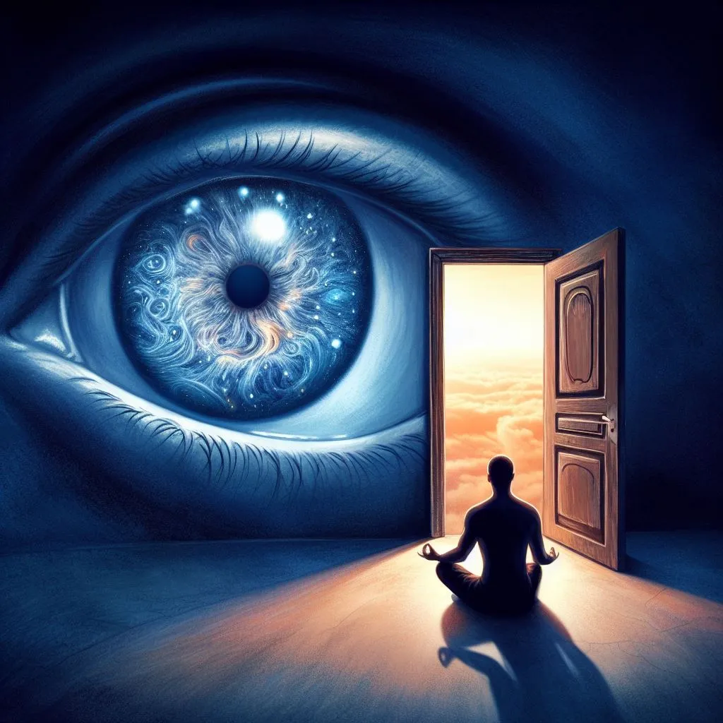 a man sitting in front of an open door looking at an eye