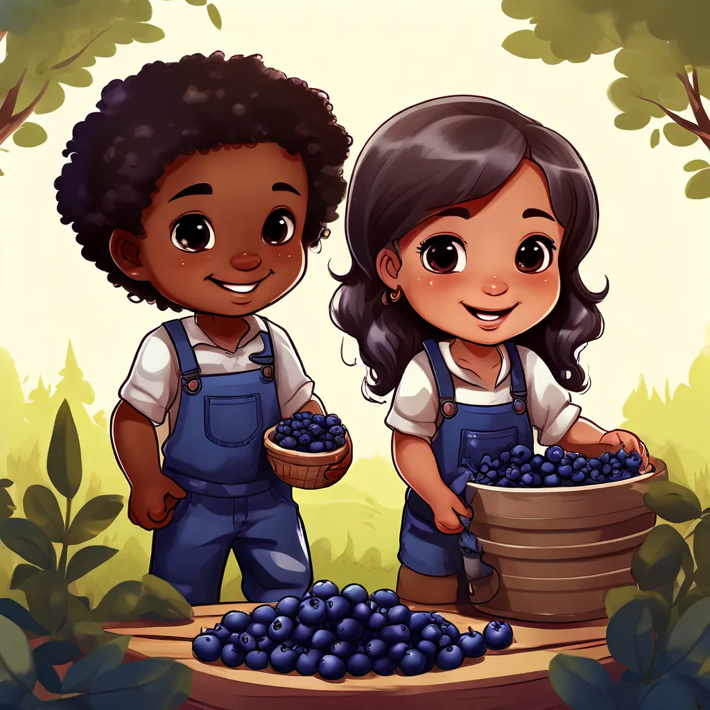 a couple of kids standing next to a barrel of blueberries