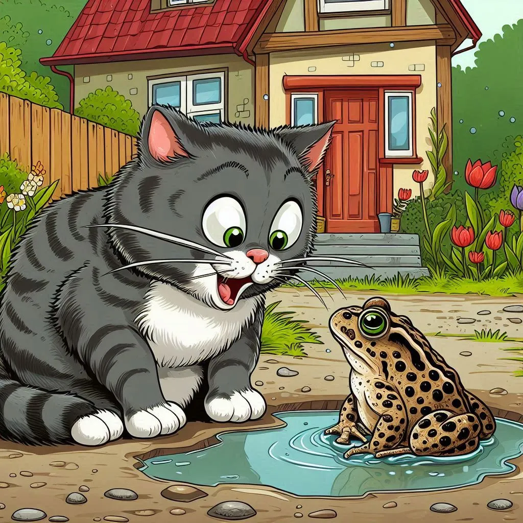 a cat and a frog in front of a house