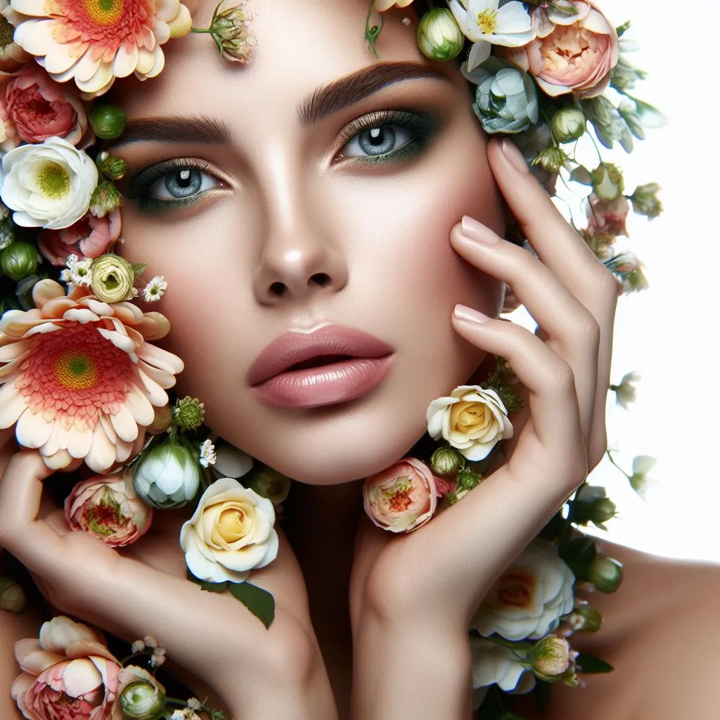 a beautiful woman with flowers around her face